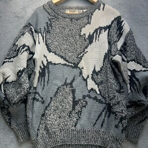 Front Line Vintage 90s Abstract Geometric Knit Sweater Mens Medium Gray Black